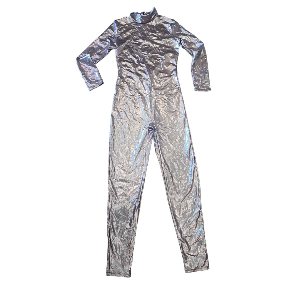Kepblom Metallic Silver Mock Neck Long Sleeve Bodysuit Unitard Jumpsuit Medium
